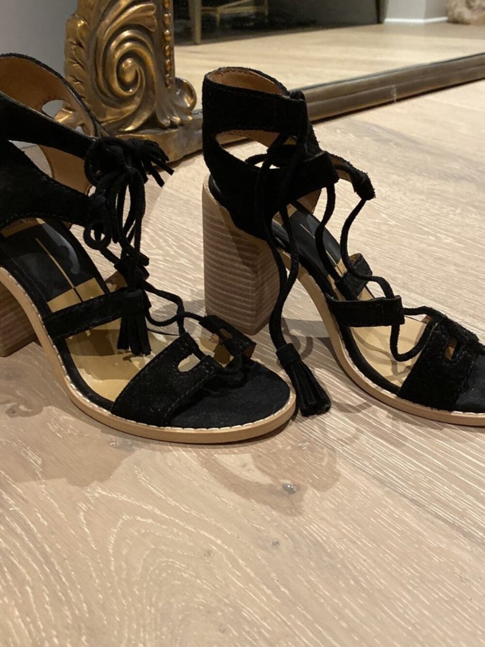 Dolce Vita Black Tassel Lace-Up Block Heel Sandals